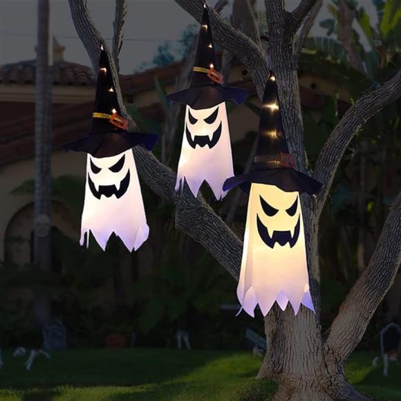 3Pcs Halloween Decorations Outdoor Decor Hanging Lighted Glowing Ghost Witch Hat